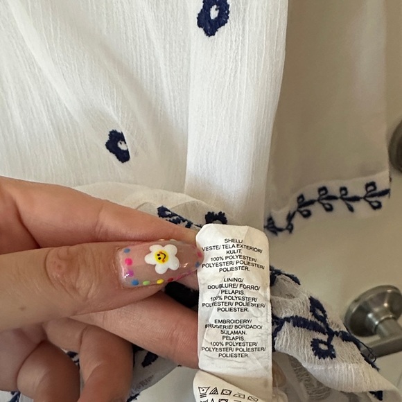 LUCKY BRAND | White & Blue Embroidered Peasant Sheer 3/4 Sleeve Top - Picture 8 of 13